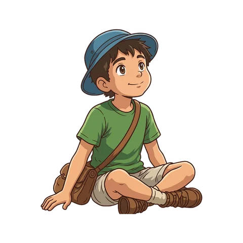 A young adventurer in a blue cap and green shirt, looking up