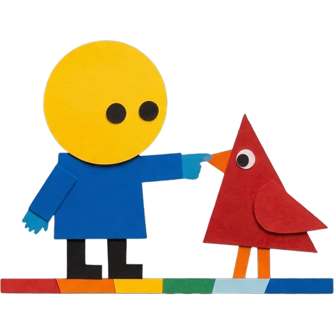A blue paper-cutout child and a red paper bird on a rainbow bar